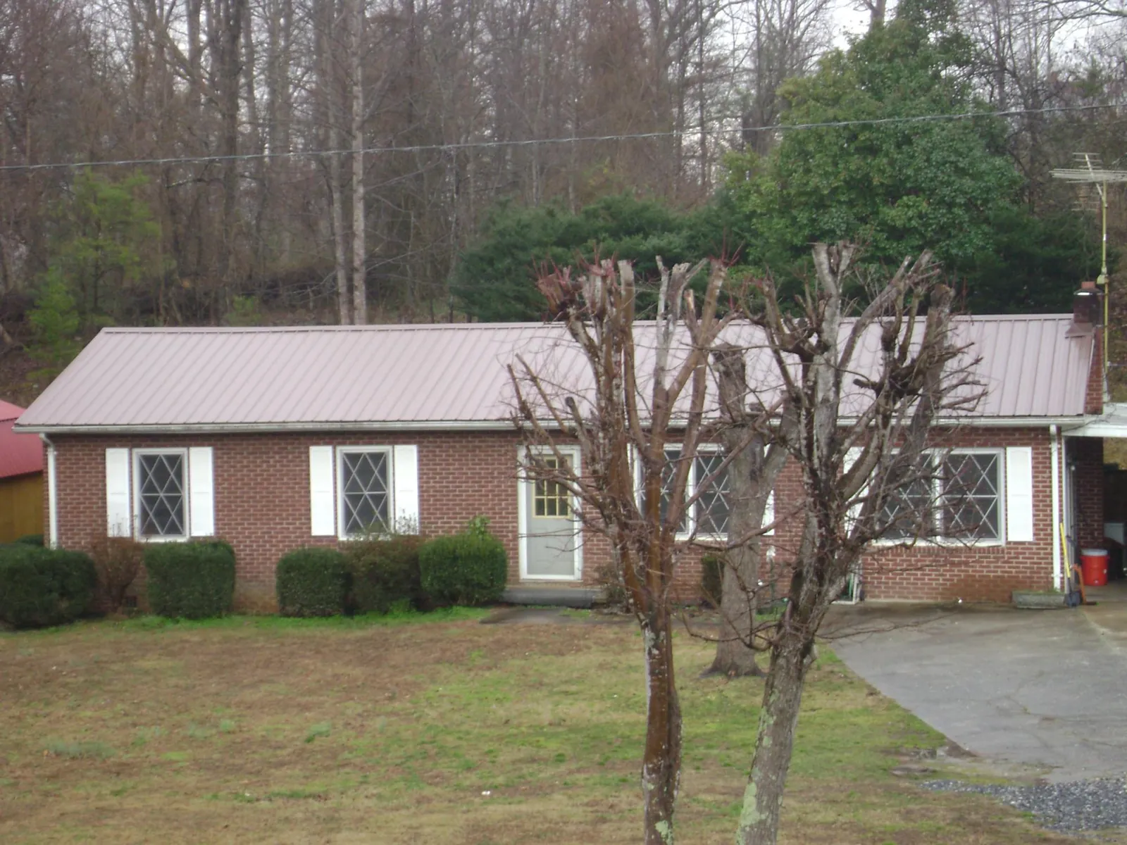 Mauve metal roof on a brick ranch home behind bare trees in National City